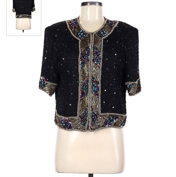 Brilliante by J.A. Jackets & Blazers - Brilliante Silk Beaded Sequin Jacket Black Hook Eye Dressy Women's Medium M EUC